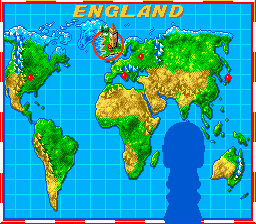 Soccer Kid (SNES) screenshot: The map shows your next destination - there are 5 countries with 3 levels each.
