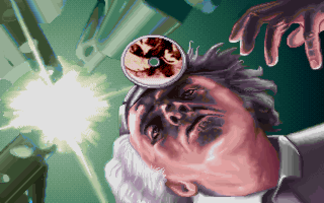 Stunt Island (DOS) screenshot: I obviously didn't do well to be looking up the doctor's nose.