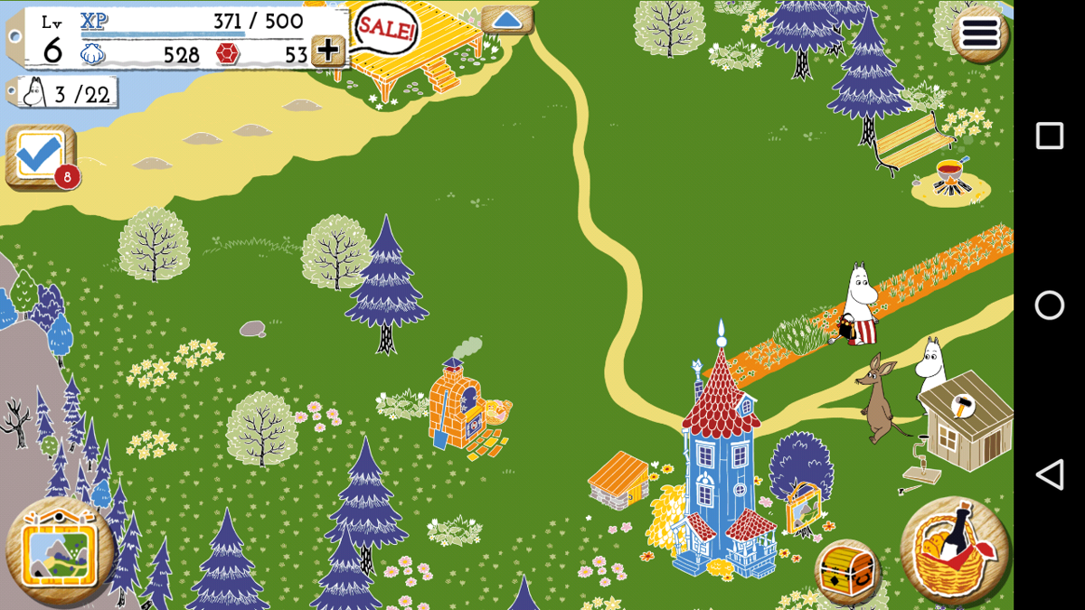 Moomin: Welcome to Moominvalley (Android) screenshot: Panning out for a whole-valley view.