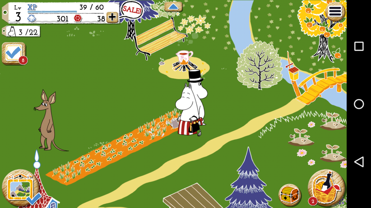 Moomin: Welcome to Moominvalley (Android) screenshot: Moominmama helpfully waters the crop.