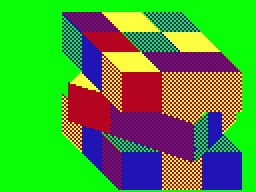 Color Cubes (TRS-80 CoCo) screenshot: Rolling a horizontal slice