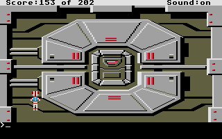 Space Quest: Chapter I - The Sarien Encounter (Atari ST) screenshot: Jetpacking to one of the Deltaur's airlock doors.