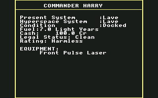 Elite (Commodore 64) screenshot: Your info, Commander
