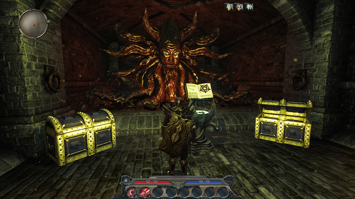 Divinity II: Flames of Vengeance (Windows) screenshot: The old guy really can't leave us alone. He made statues of him all over Rivellon just to get some extra airtime.