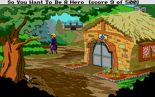 Hero's Quest: So You Want to Be a Hero (Atari ST) screenshot: The healer's hut to the right, the castle ahead!