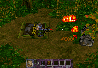 Contra: Legacy of War (SEGA Saturn) screenshot: Fighting some sort of a flame-thrower-bot-thing.