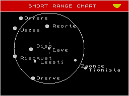 Elite (ZX Spectrum) screenshot: Short range chart, the circle shows how far you can travel on current fuel reserves
