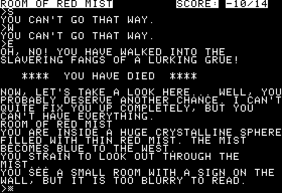 Zork II: The Wizard of Frobozz (Apple II) screenshot: Well, I can't say I wasn't warned. Plus I get a second chance!