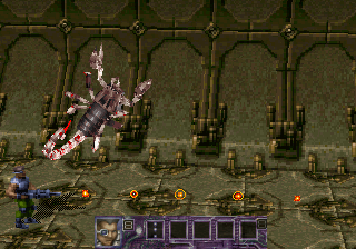 Contra: Legacy of War (SEGA Saturn) screenshot: Auto-scrolling fight with a scorpion
