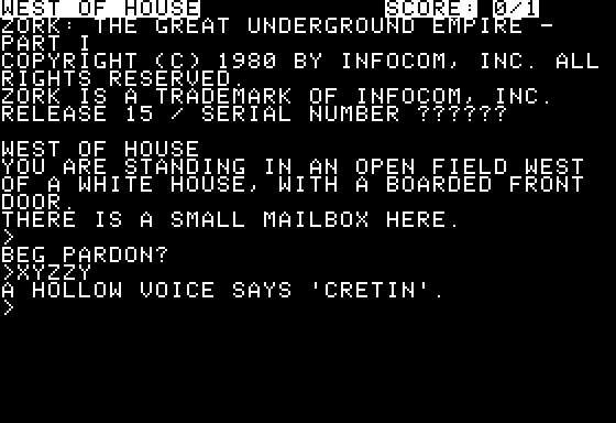 Zork: The Great Underground Empire (Apple II) screenshot: Starting location