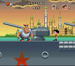 Soccer Kid (SNES) screenshot: Fighting Russian seamen on a battleship.