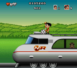 Soccer Kid (SNES) screenshot: Taking the Japanese Bullettrain to Tokyo.