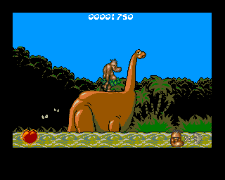 Chuck Rock (Amiga) screenshot: Riding with dinosaur