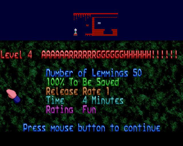 Xmas Lemmings (Amiga) screenshot: Level 4 - overview.