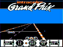 Intracolor Grand Prix (TRS-80 CoCo) screenshot: Reaching finish line