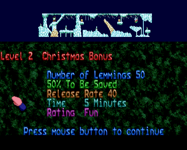 Xmas Lemmings (Amiga) screenshot: Level 2 - overview.