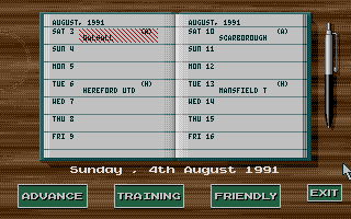 Graham Taylor's Soccer Challenge (Atari ST) screenshot: You diary. Here you plan the activities for your team