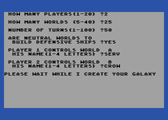 Galaxy (Atari 8-bit) screenshot: Setting up a new game.