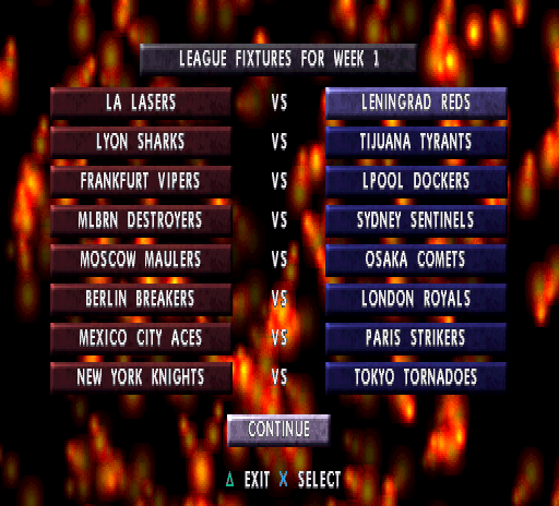 Professional Underground League of Pain (PlayStation) screenshot: League mode. First week.