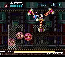 Kaizō Chōjin Shubibinman Zero (SNES) screenshot: You need to jump on the balloons to hit this boss in the face