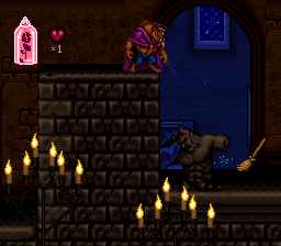 Disney's Beauty and the Beast (SNES) screenshot: An enchanted (malicious) broom in level 4