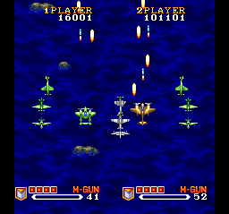 1941: Counter Attack (SuperGrafx) screenshot: The Lightning and the Mosquito, side by side in stage two.