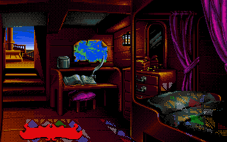 Pirates! Gold (Amiga CD32) screenshot: The captain's cabin. Here you get various information.