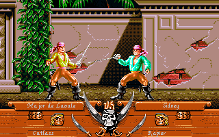 Pirates! Gold (Amiga CD32) screenshot: Fighting a jealous suitor for the hand of a lady.