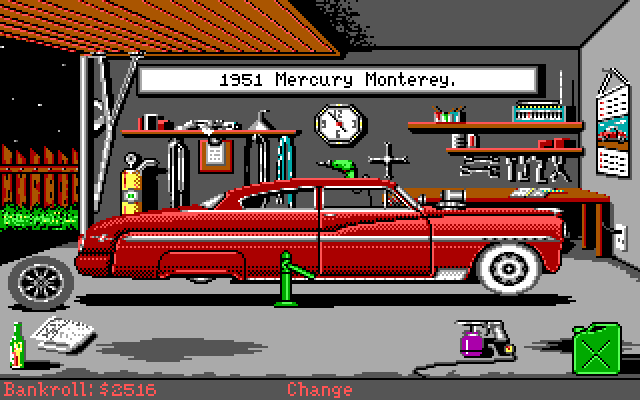 Street Rod: Data Disk (DOS) screenshot: Your 1951 Mercury Monterey is on the jack so you can install a new set of wheels and tires. The car has been modified by having the roof chopped and bumpers removed.