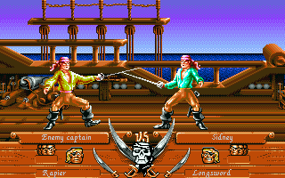 Pirates! Gold (Amiga CD32) screenshot: Fighting a sword duel on a ship.