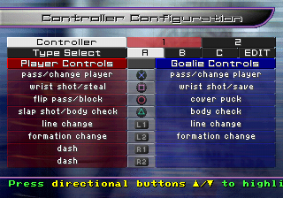 NHL Blades of Steel 2000 (PlayStation) screenshot: Controller Configuration.