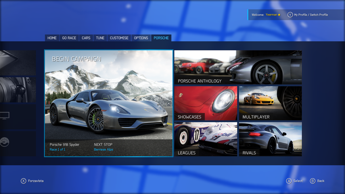 Forza Motorsport 6: Porsche (Xbox One) screenshot: The expansion has its own menu.