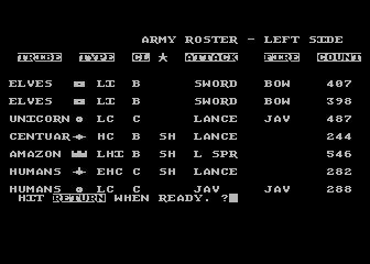 Chronicles of Osgorth: The Shattered Alliance (Atari 8-bit) screenshot: Beginning a game...some stats...