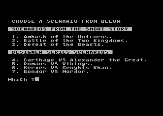 Chronicles of Osgorth: The Shattered Alliance (Atari 8-bit) screenshot: Choose a scenario...