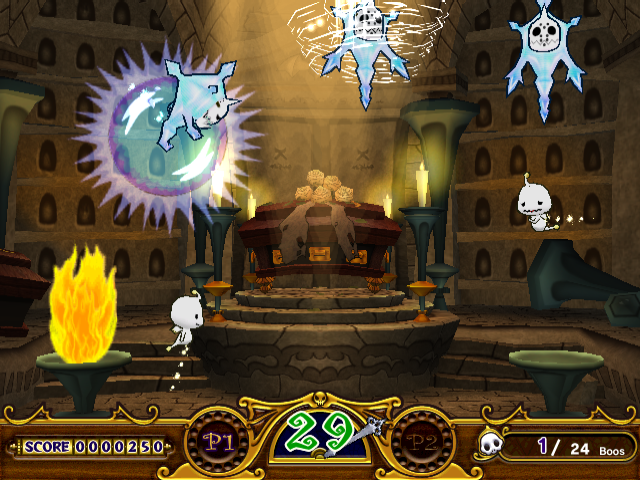 Manic Panic Ghosts (Arcade) screenshot: Here we have to pull ice ghosts to the fire