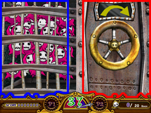 Manic Panic Ghosts (Arcade) screenshot: An example of a two player stage - one player turns the valve while the other kills the ghosts