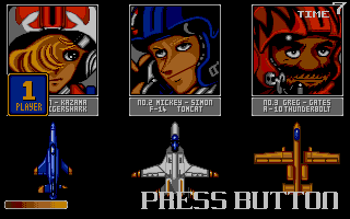 U.N. Squadron (Atari ST) screenshot: Choose your character and their vehicle.