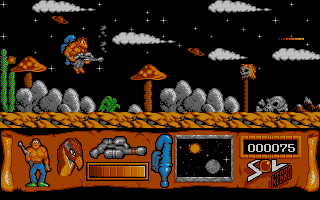 Sol Negro (Atari ST) screenshot: Using the jet-pack.