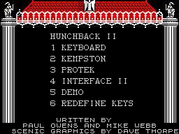 Hunchback II: Quasimodo's Revenge (ZX Spectrum) screenshot: menu screen
