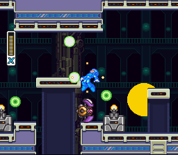 Mega Man X2 (SNES) screenshot: The Central Computer: If you get into the searchlight, robots start attacking