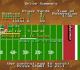 Bill Walsh College Football (SNES) screenshot: Drive summary