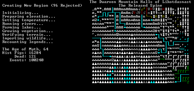 Slaves to Armok: God of Blood - Chapter II: Dwarf Fortress (Windows) screenshot: Second stage of world generation: Generating history.