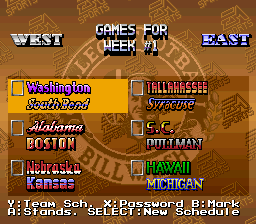 Bill Walsh College Football (SNES) screenshot: Week 1 games