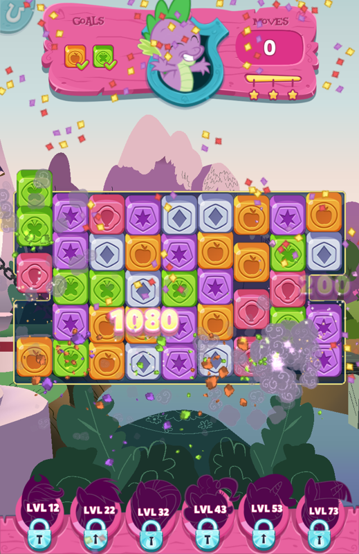 My Little Pony: Puzzle Party (Android) screenshot: Once the round's completed, entire rows and columns vanish spectacularly in a cloud of confetti for bonus points