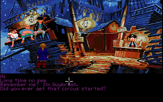 Monkey Island 2: LeChuck's Revenge (Amiga) screenshot: Talking with pirates. (Monkey Island 2 Lite Mode)