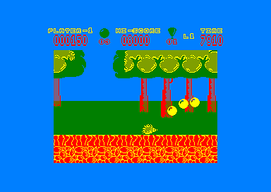 Hoppin' Mad (Amstrad CPC) screenshot: Get ten of these balloons to reach the next environment