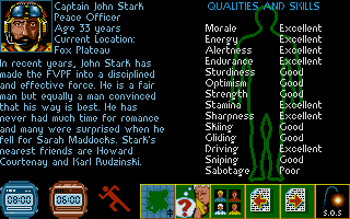 Midwinter (Atari ST) screenshot: John Stark's stats.