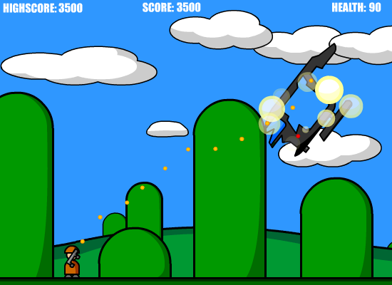 Heli Attack (Browser) screenshot: Shot down the first helicopter.