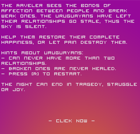 Night Raveler and the Heartbroken Uruguayans (Browser) screenshot: Instructions