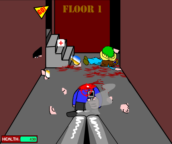 Kindergarten Killer (Browser) screenshot: Ascending through the school... this is about as clean as shots get. Hit the first aid kit for a health bonus!